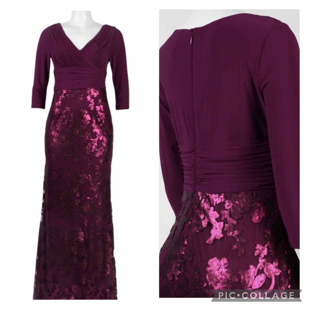 Adrianna Papell Burgundy Maxi Dress with Pink Floral Details